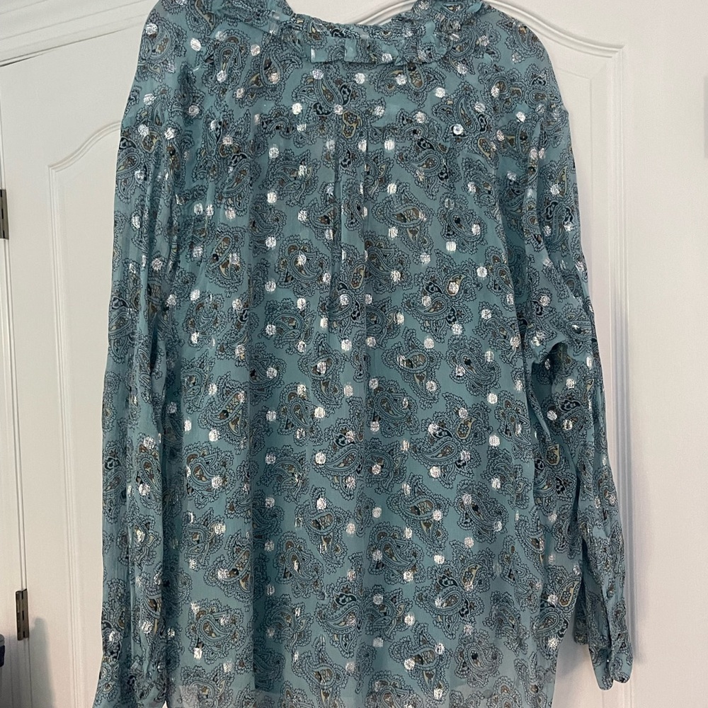J.Crew XXL Metallic Chiffon Paisley Top Ruffle Neck Sheer Boho Blouse - Picture 6 of 7